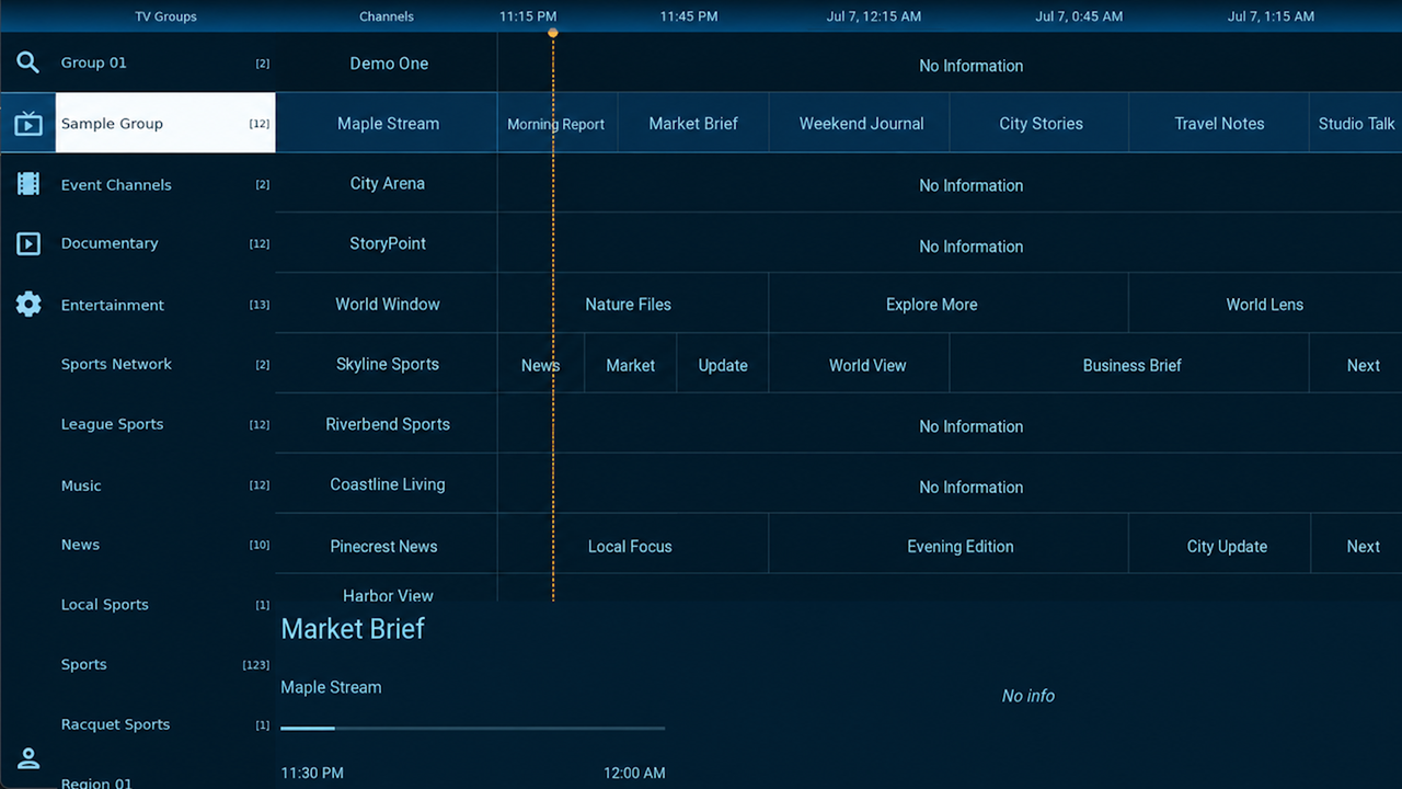 TVEZ Player program guide with fictional channel groups, channels, and program information