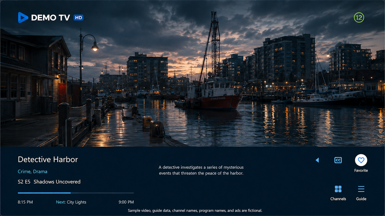 TVEZ Player playback screen with program details, favorites, guide access, and closed captions