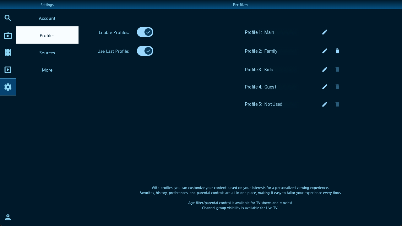 TVEZ Player profile settings and viewing controls