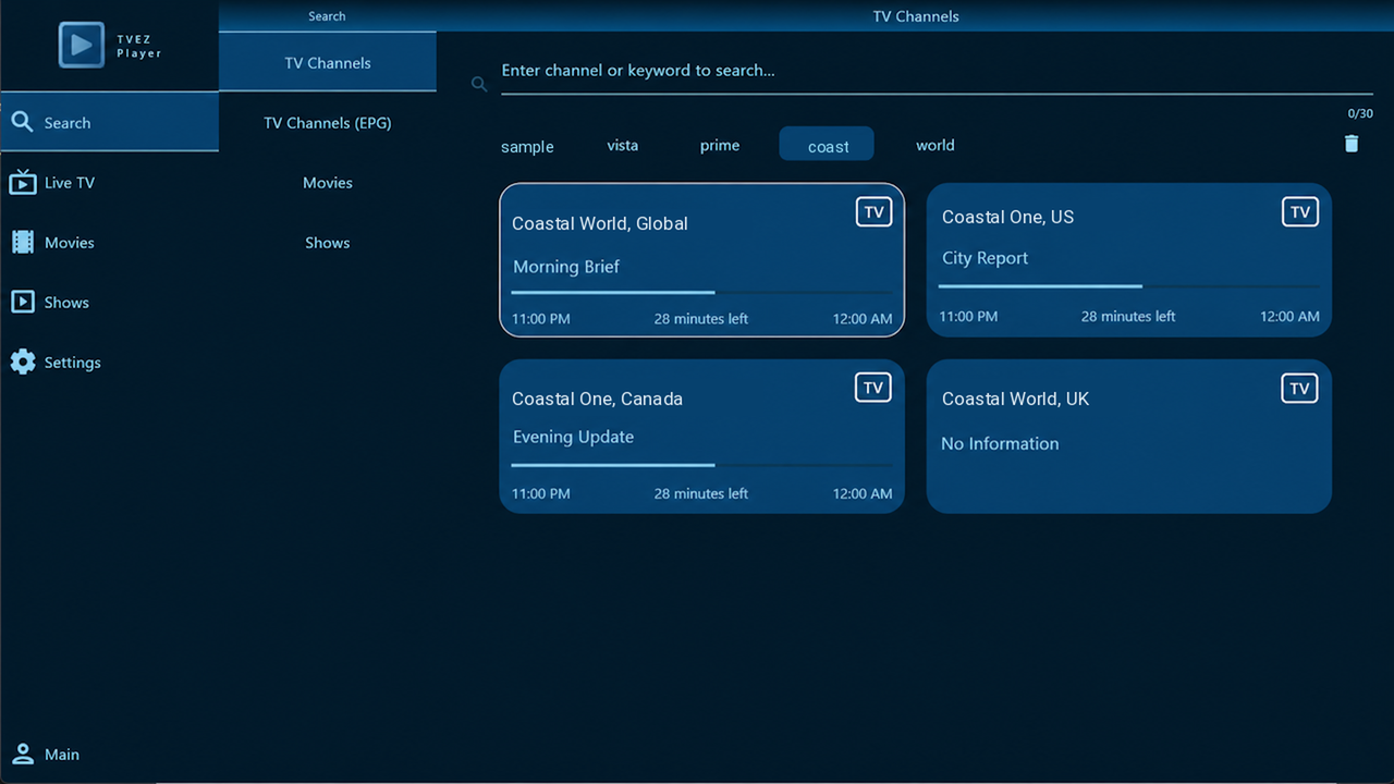 TVEZ Player channel search with fictional search results