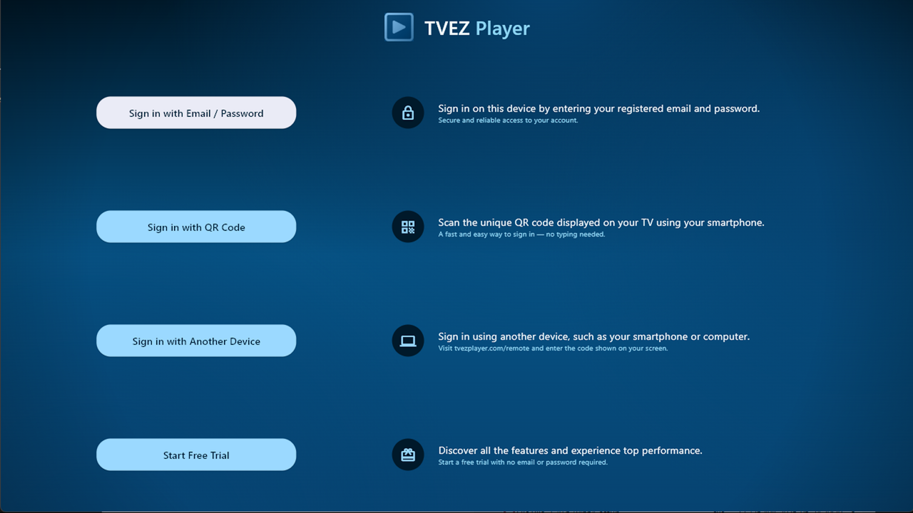 TVEZ Player sign-in choices for television devices