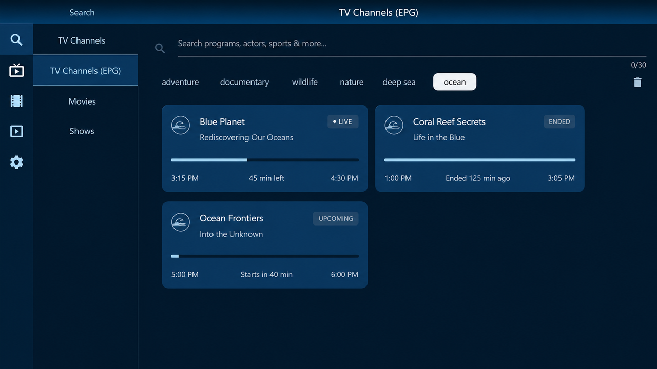 TVEZ Player live TV guide search showing fictional current and upcoming program results